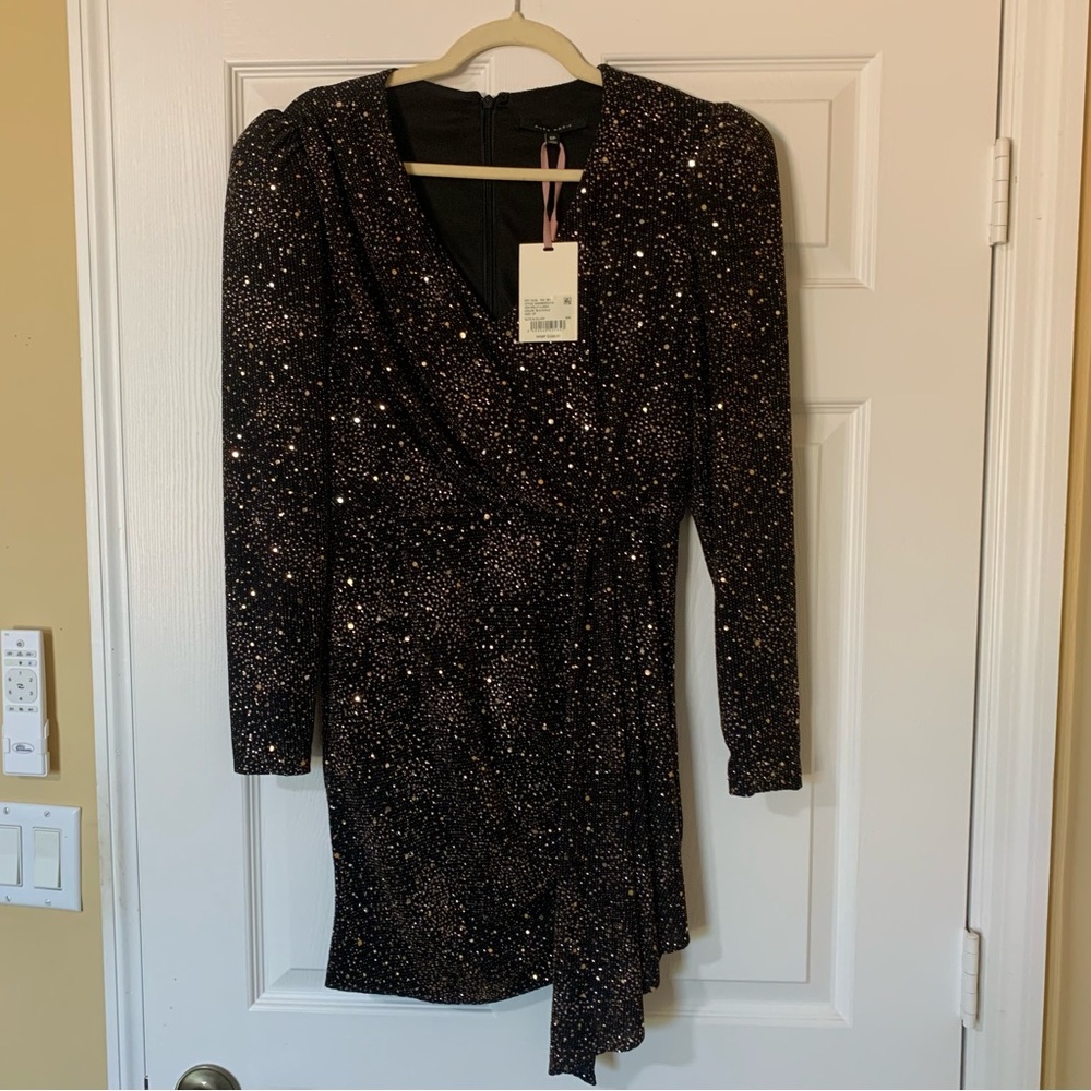 Alex Marie Black Gold Sequins Metallic Glitter Long Sleeve Mini Dress Size 6P
